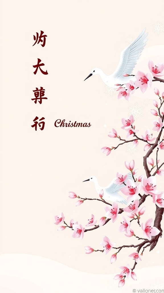 Japanese-inspired Christmas card with cherry blossoms and cranes, featuring elegant design and holiday greeting.
